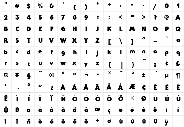 SerifGothicHvyITC Black  glyph index