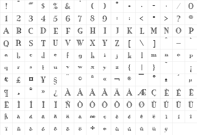 New Eng. Engr. Wide Normal  glyph index