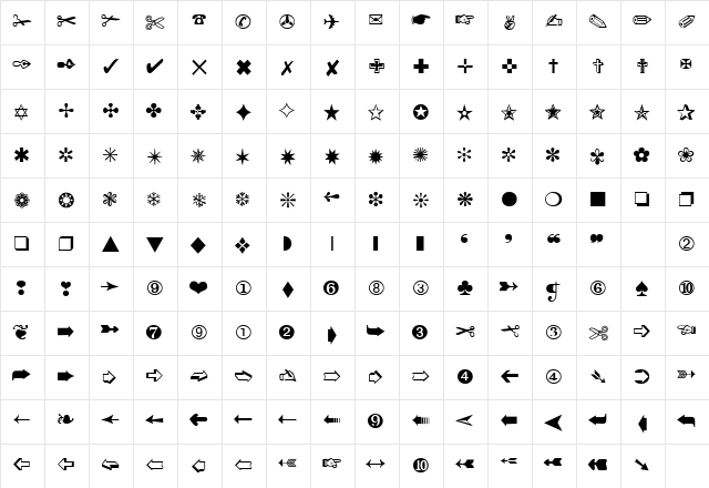 Zingbats Regular  glyph index