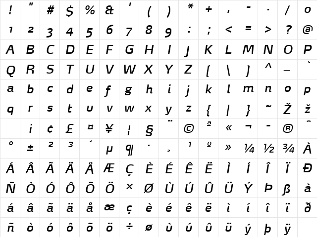 MaxDemiSerif-BookItalic Regular  glyph index