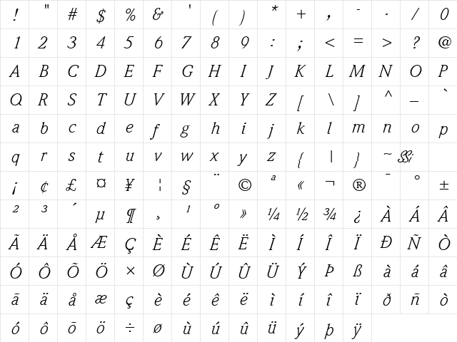Quintessence SSi Italic  glyph index