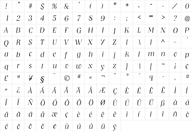 Inashville Xlight  glyph index