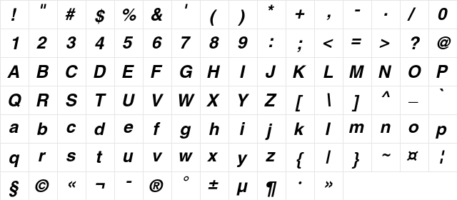 Helios Bold Italic  glyph index