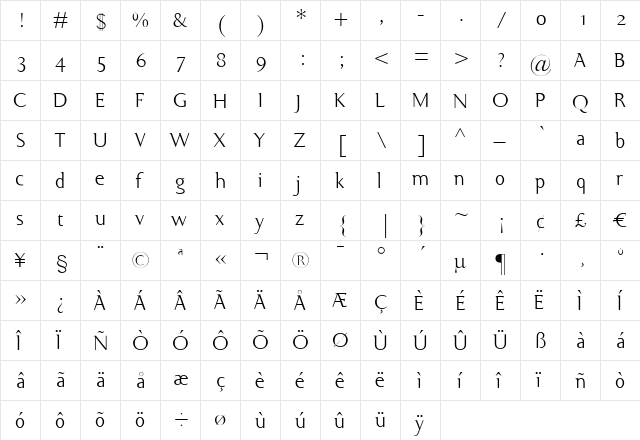 Ela Demiserif Light  glyph index