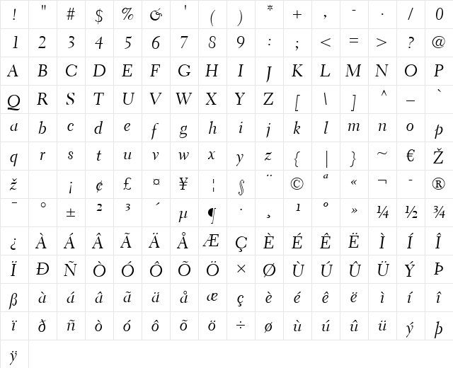 Electra LT Regular Italic  glyph index