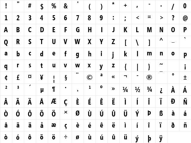 Segoe Condensed Bold  glyph index