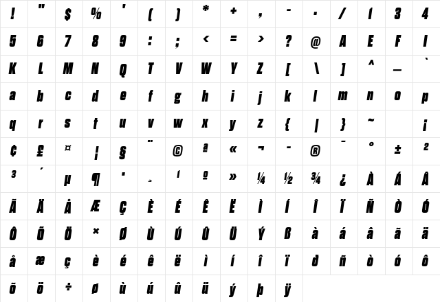 Dharma Gothic E Heavy Italic  glyph index