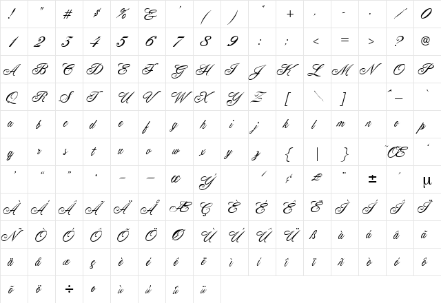 Cumberland Regular  glyph index
