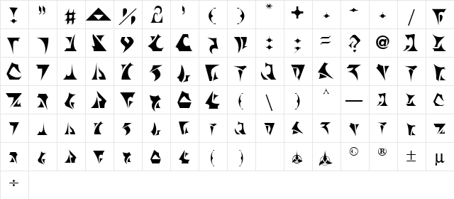 BernyKlingon Regular  glyph index