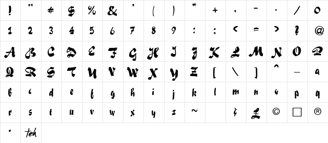Swashett Normal  glyph index