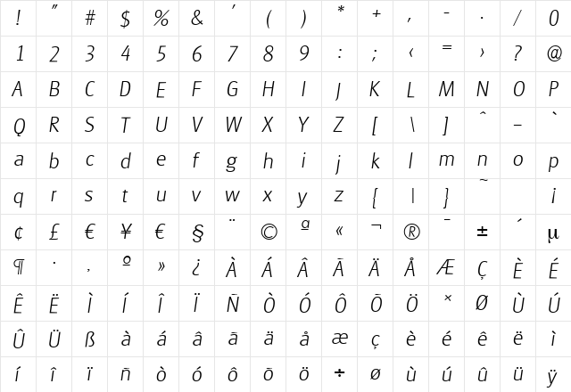 GlasgowSerial-Xlight Italic  glyph index