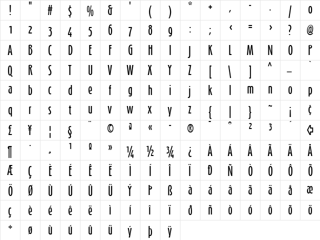 Schmalhans Medium  glyph index