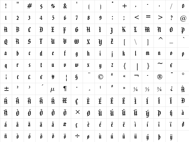 AmericanText BT Regular  glyph index