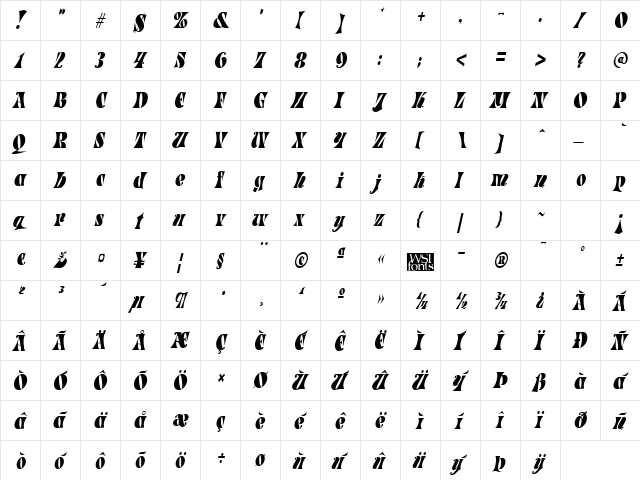ParadeTight Italic  glyph index