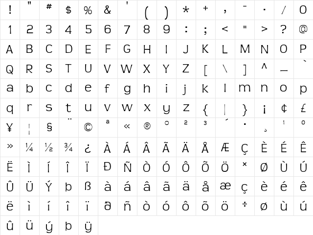 Teen Light  glyph index