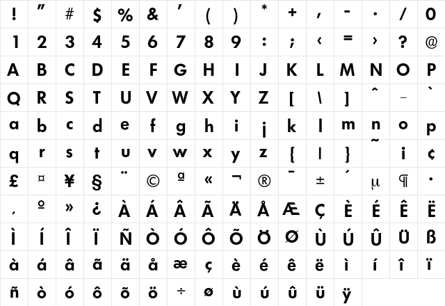 Limerick-DemiBold Regular  glyph index