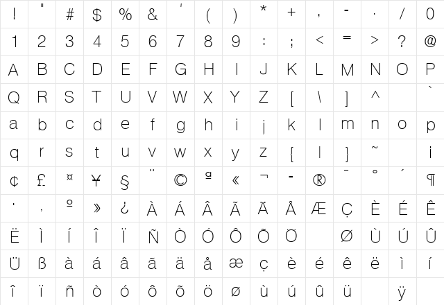 SansLH Regular  glyph index