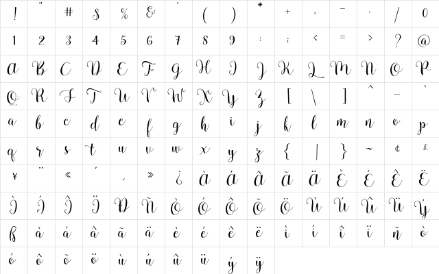 Pradyse Regular  glyph index