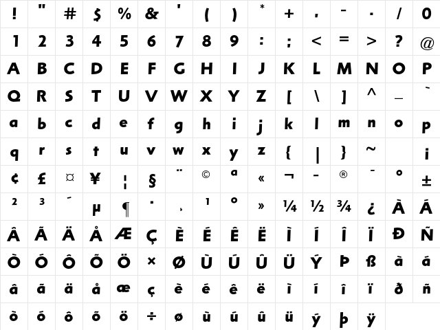 Arta Std Bold  glyph index