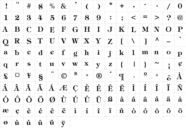 Tiffany-Bold Regular  glyph index