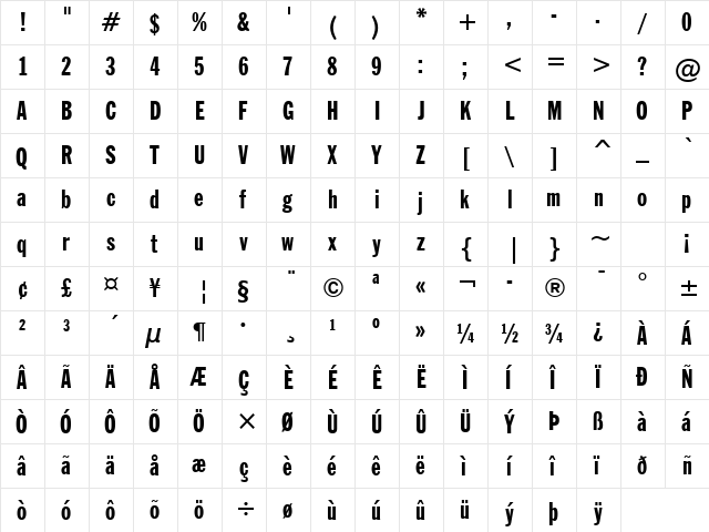 FrankGoth XCn BT Regular  glyph index