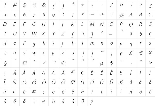 Ela Sans Light Italic  glyph index