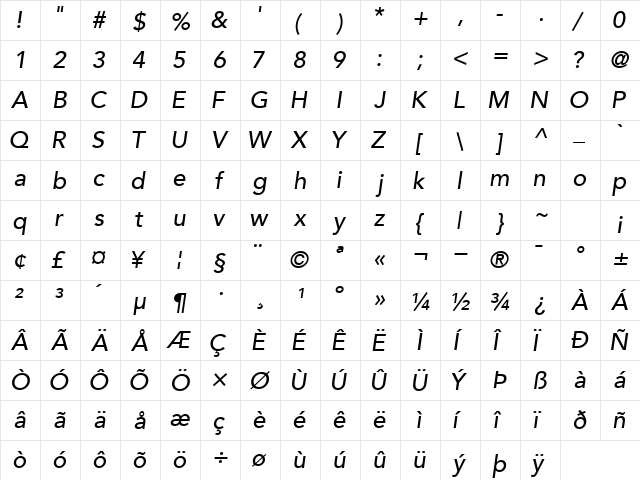 ExpoBookSSK SemiBoldItalic  glyph index