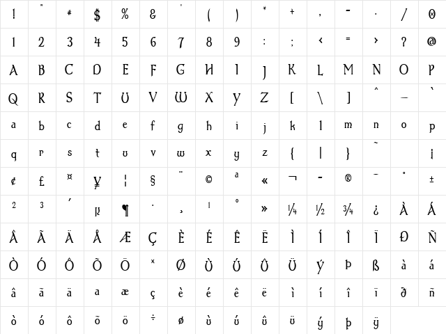 Dumbledor 1 Thin Regular  glyph index