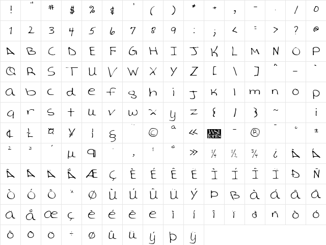 AverysHand Regular  glyph index