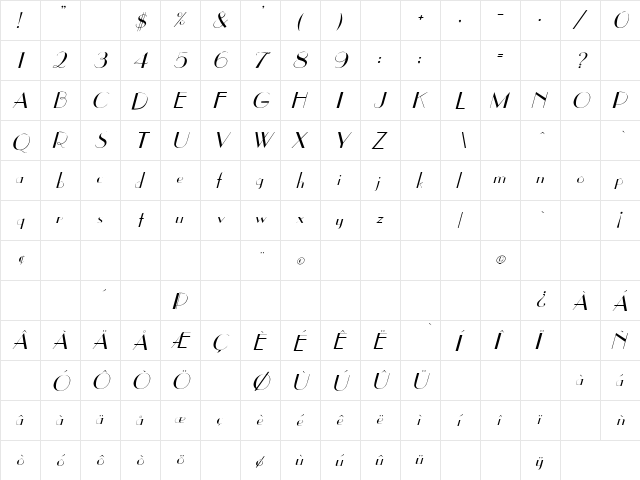 East Side Italic Italic  glyph index