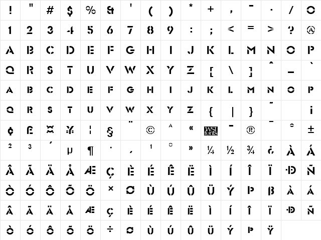 FuturistStencil Regular  glyph index