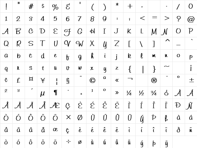 Freehand591 Bold Bold  glyph index