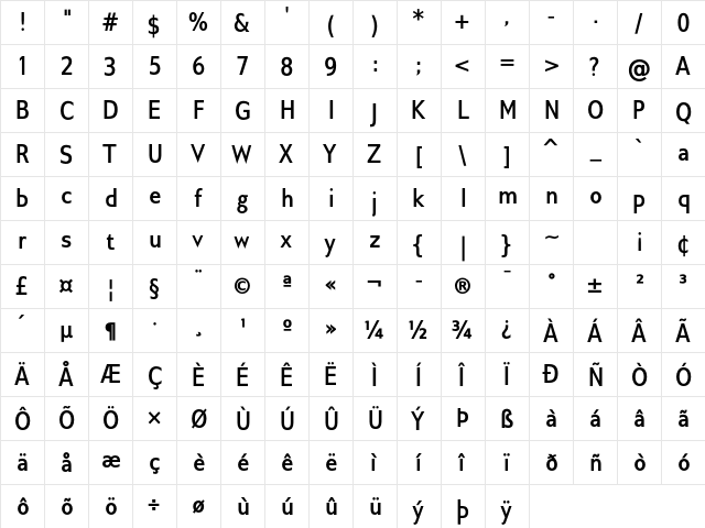 Gillius ADF Cond Bold  glyph index