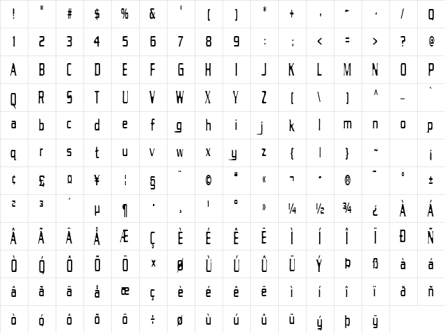 Drecknocratica Condensed Regular  glyph index