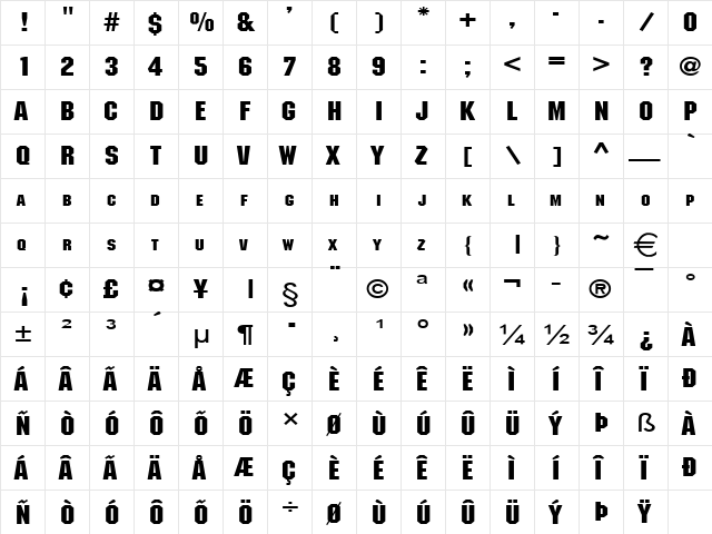 BlockWide Bold  glyph index