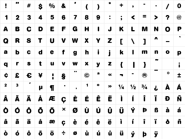 Arezzo-Rounded-Bold Regular  glyph index