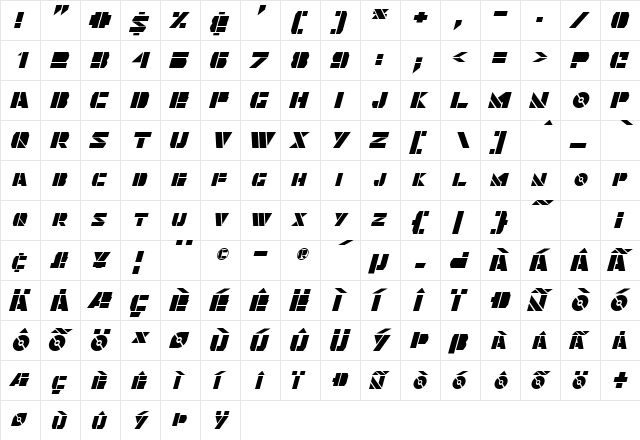Quintanar Italic  glyph index