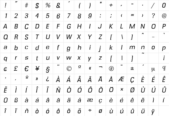 RochesterSerial Italic  glyph index