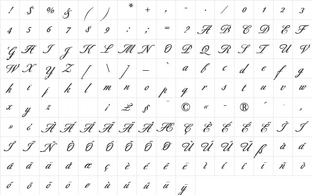 Berthold Script BQ Regular  glyph index