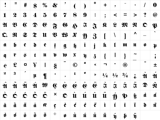 Frank Normal  glyph index