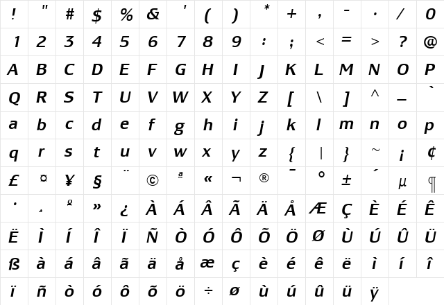 LesmoreMediumItalic Roman  glyph index