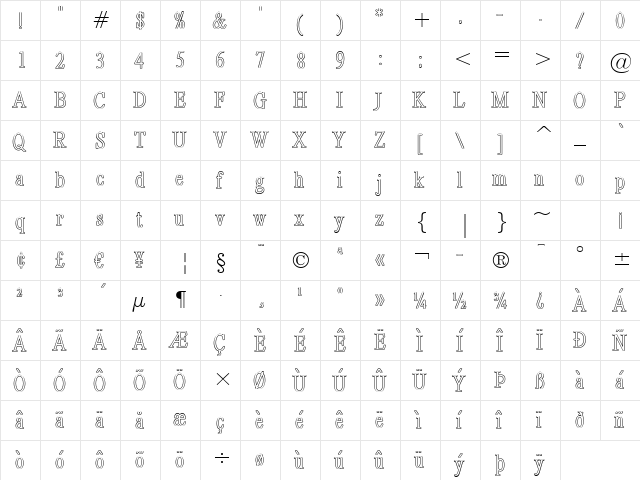 Revelation BTN Cond Out Regular  glyph index
