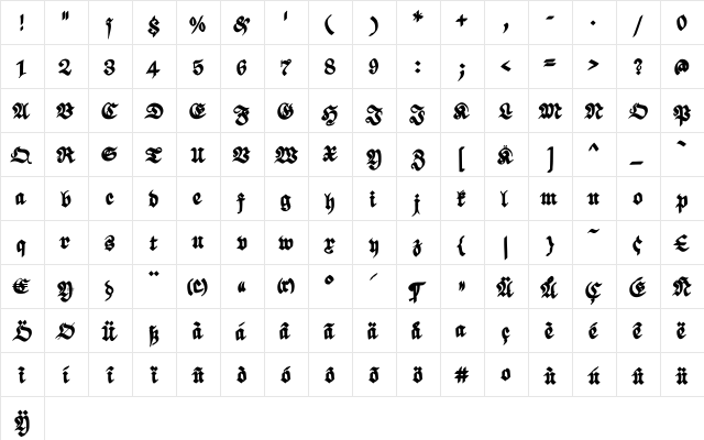 ScribbledFraktur-XHeavy Regular  glyph index
