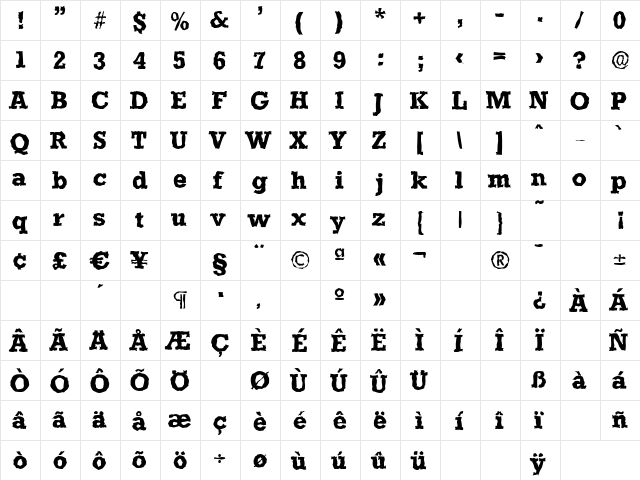 StaffordRandom Bold  glyph index