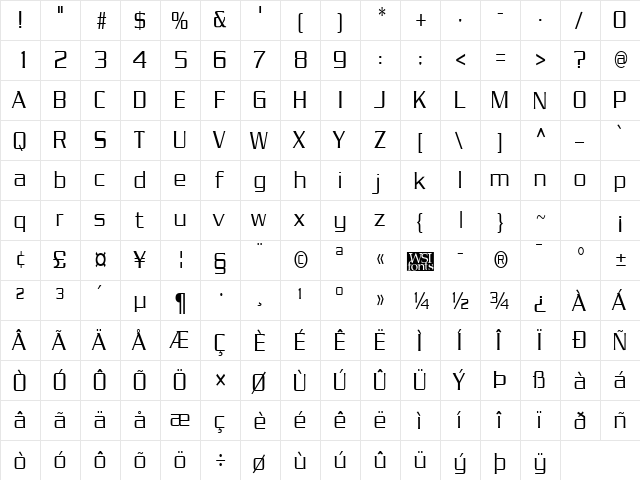 JuliusCondensed Regular  glyph index