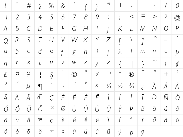 Gill Sans Light Italic  glyph index