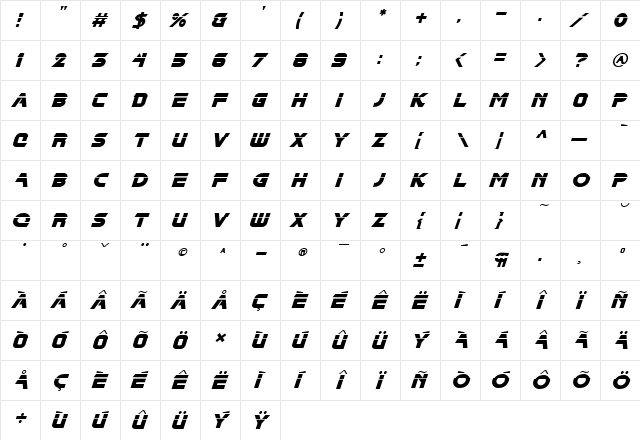 BladeCutThruOblique Regular  glyph index