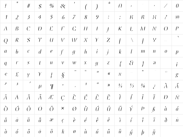 EllipseITC LightItalic  glyph index