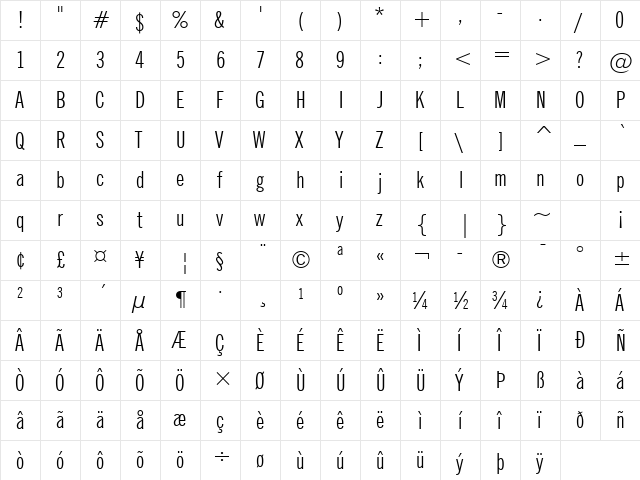 NewsGoth XCn BT Regular  glyph index