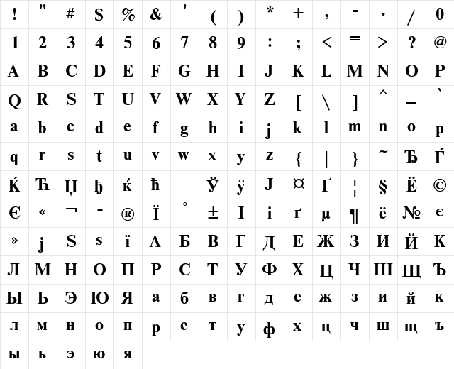 NewtonWINCTT Bold  glyph index